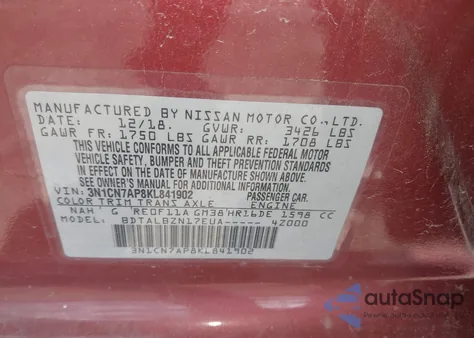 2019 Nissan Versa 1.6 Sv from USA, damaged, VIN 3N1CN7AP8KL841902